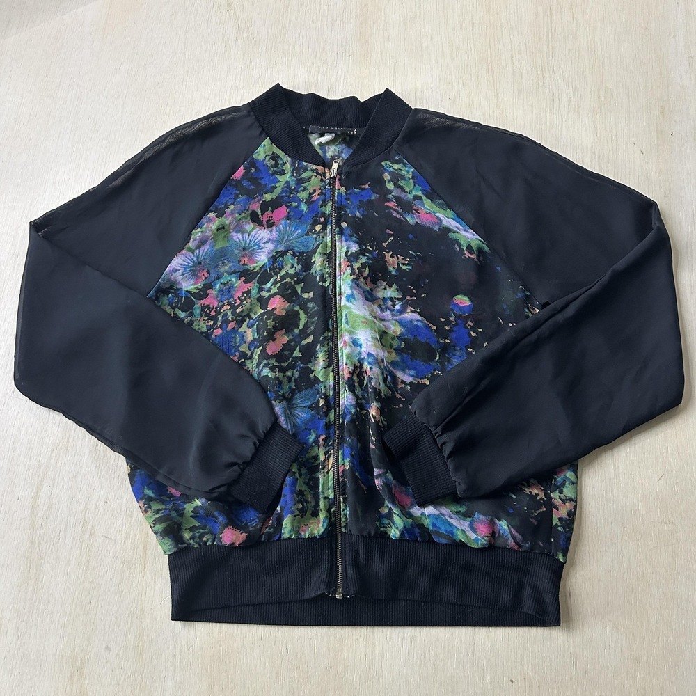 Y2K Milkyway Jacket Womens Medium Black Floral Chiffon Bomber Zip Lightweight